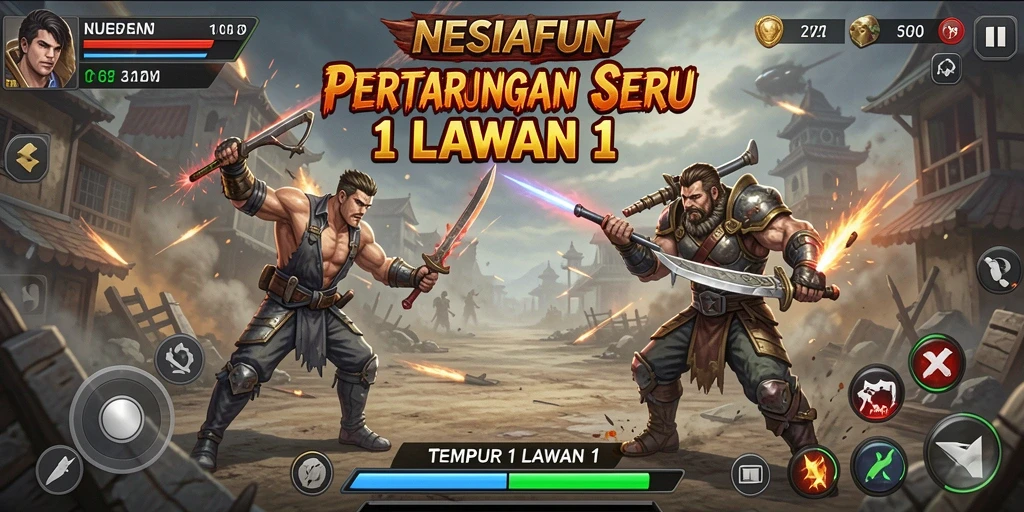 Tampilan antarmuka <strong>NESIAFUN</strong> yang dinamis dalam pertempuran 1 lawan 1.